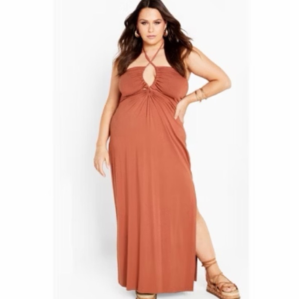 City Chic Miley Maxi Dress Tan Terracotta Red 24 T1